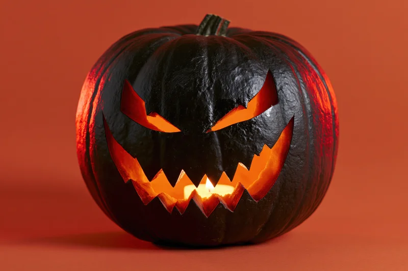 Dark carved jack-o-lantern with jagged face glowing on orange background