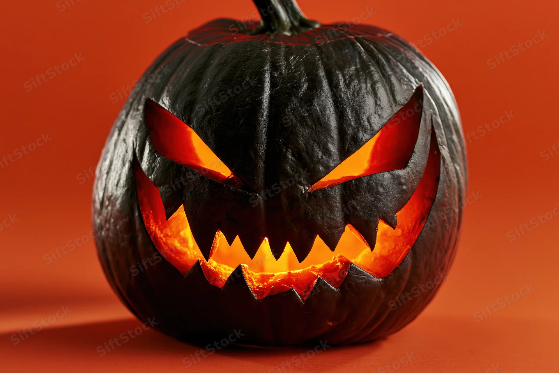 Dark carved jack-o-lantern with glowing jagged teeth and eyes on orange background