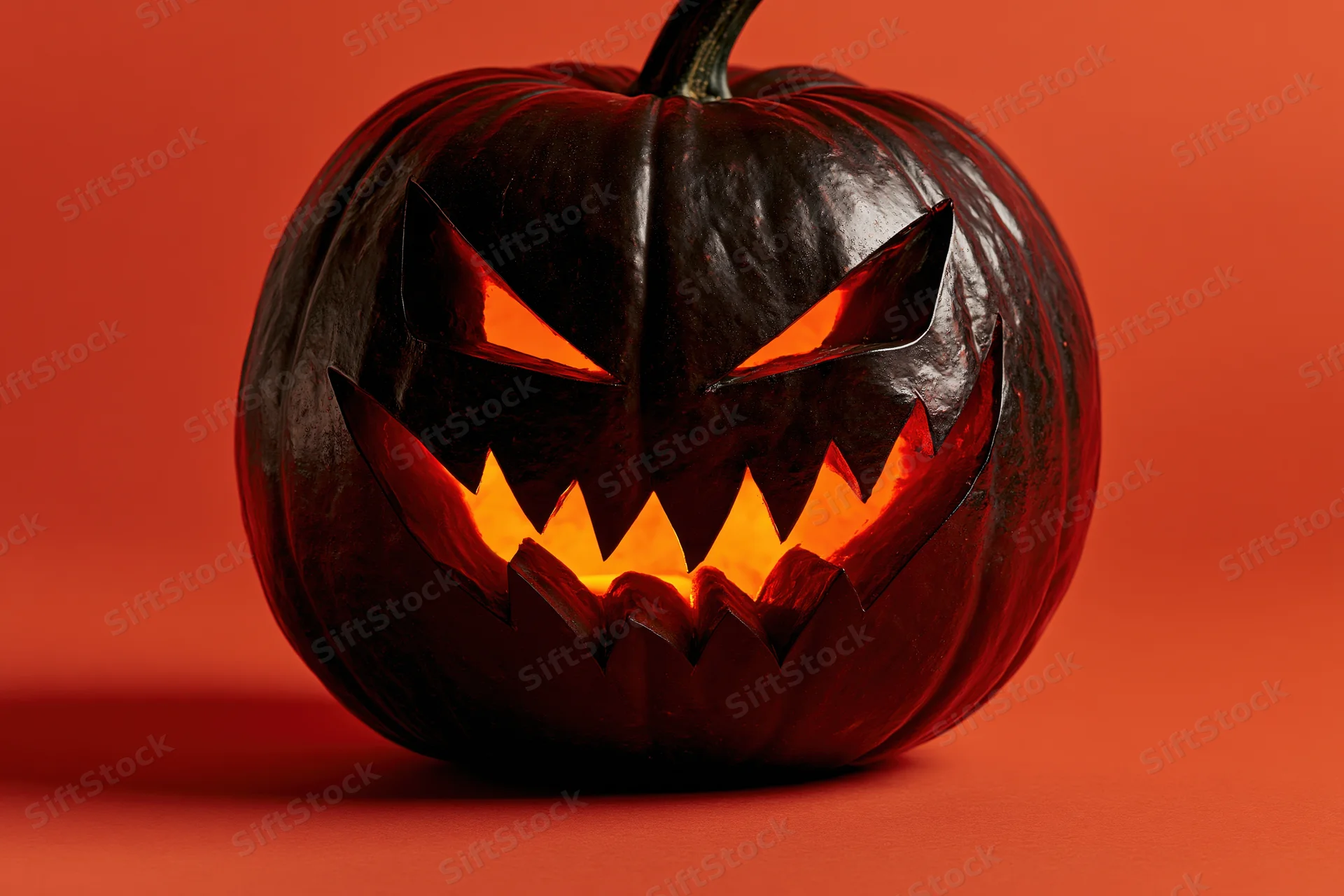 Dark carved jack-o-lantern with glowing jagged teeth and eyes on orange background