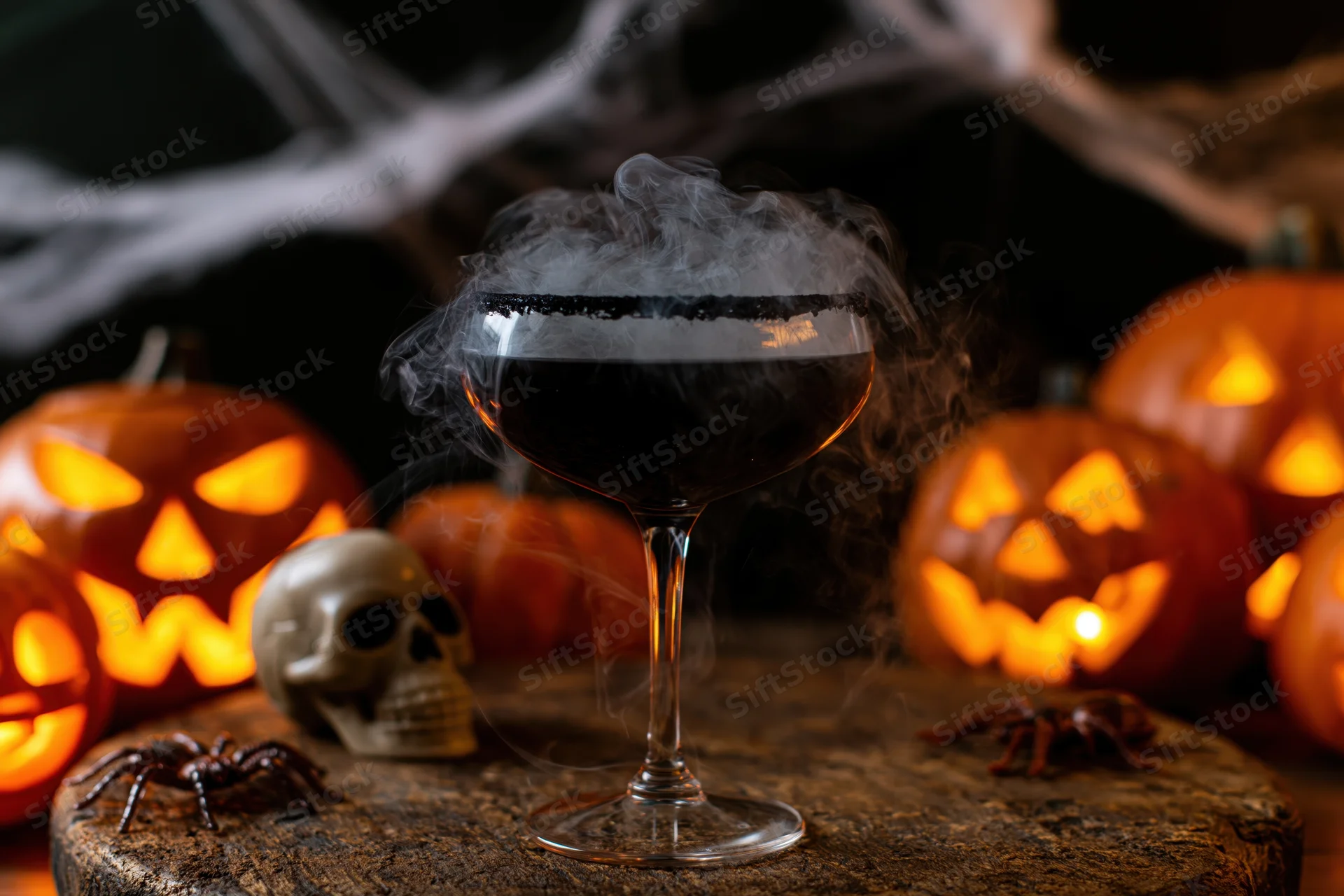 Dark cocktail with smoke in a coupe glass surrounded by glowing jack-o'-lanterns and Halloween decorations on a stone table