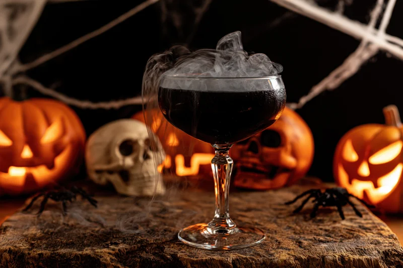 Black cocktail with smoke in a coupe glass on a rock surrounded by glowing jack-o'-lanterns, skulls, and spiders for halloween