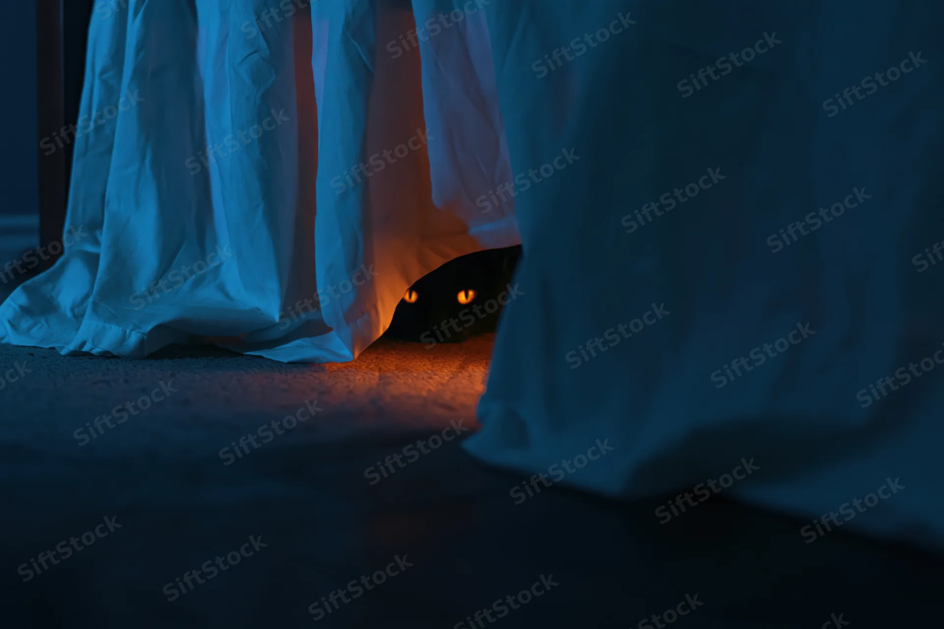 Black cat hiding under bed with glowing amber eyes in dark bedroom