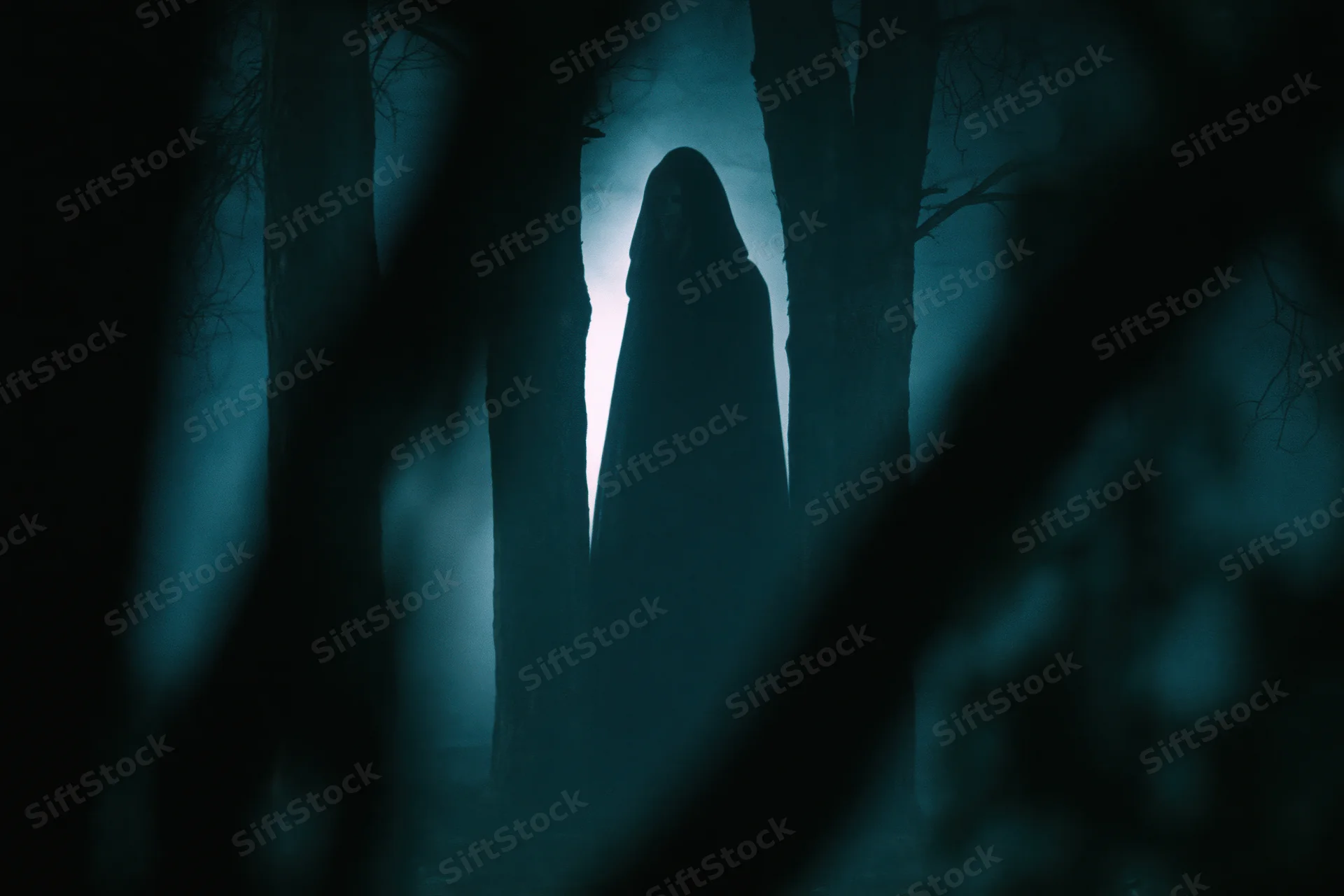 Hooded figure standing motionless between tree trunks in a misty dark forest