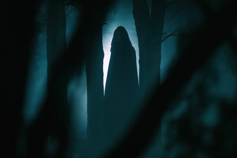 Hooded figure standing motionless between tree trunks in a misty dark forest