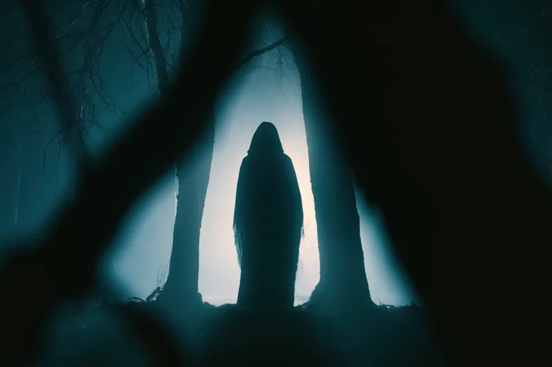 Hooded figure standing motionless between tree trunks in a misty dark forest