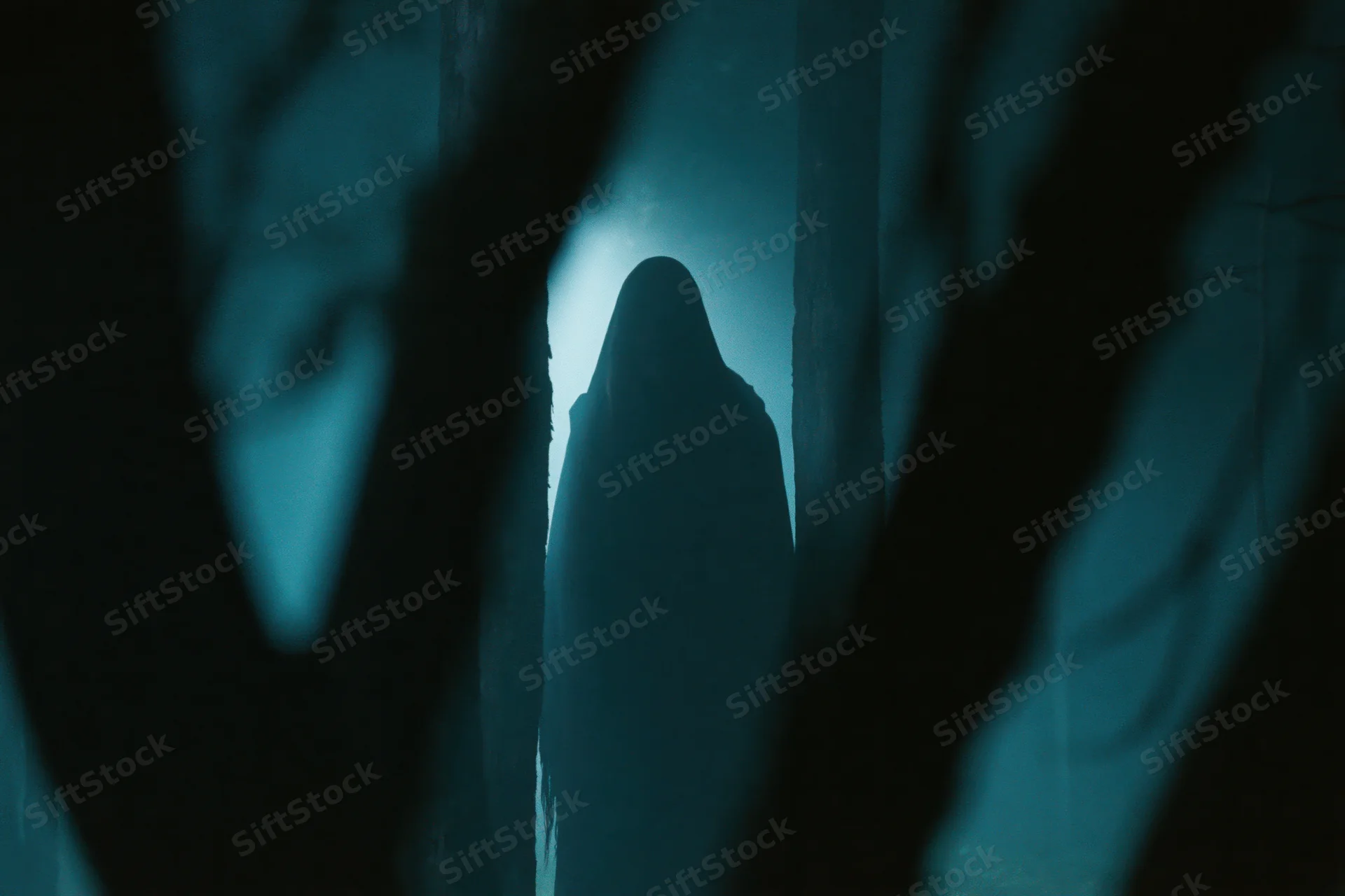 Hooded figure standing motionless between tree trunks in a dark forest