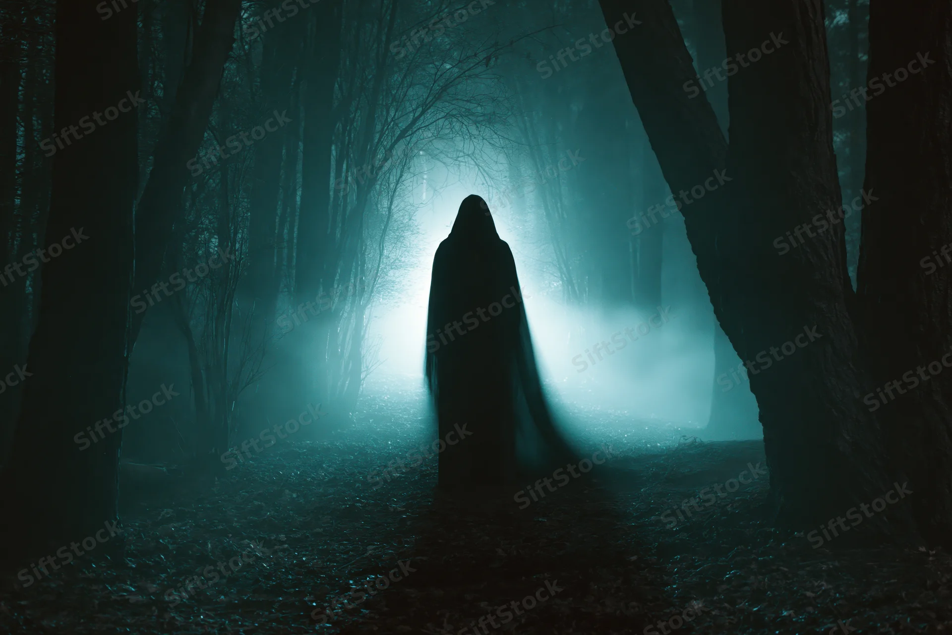 Hooded figure standing motionless on a dirt path in a misty dark forest