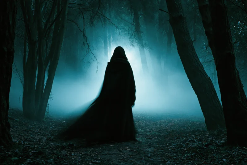 Hooded figure in dark cloak standing motionless on forest path at night