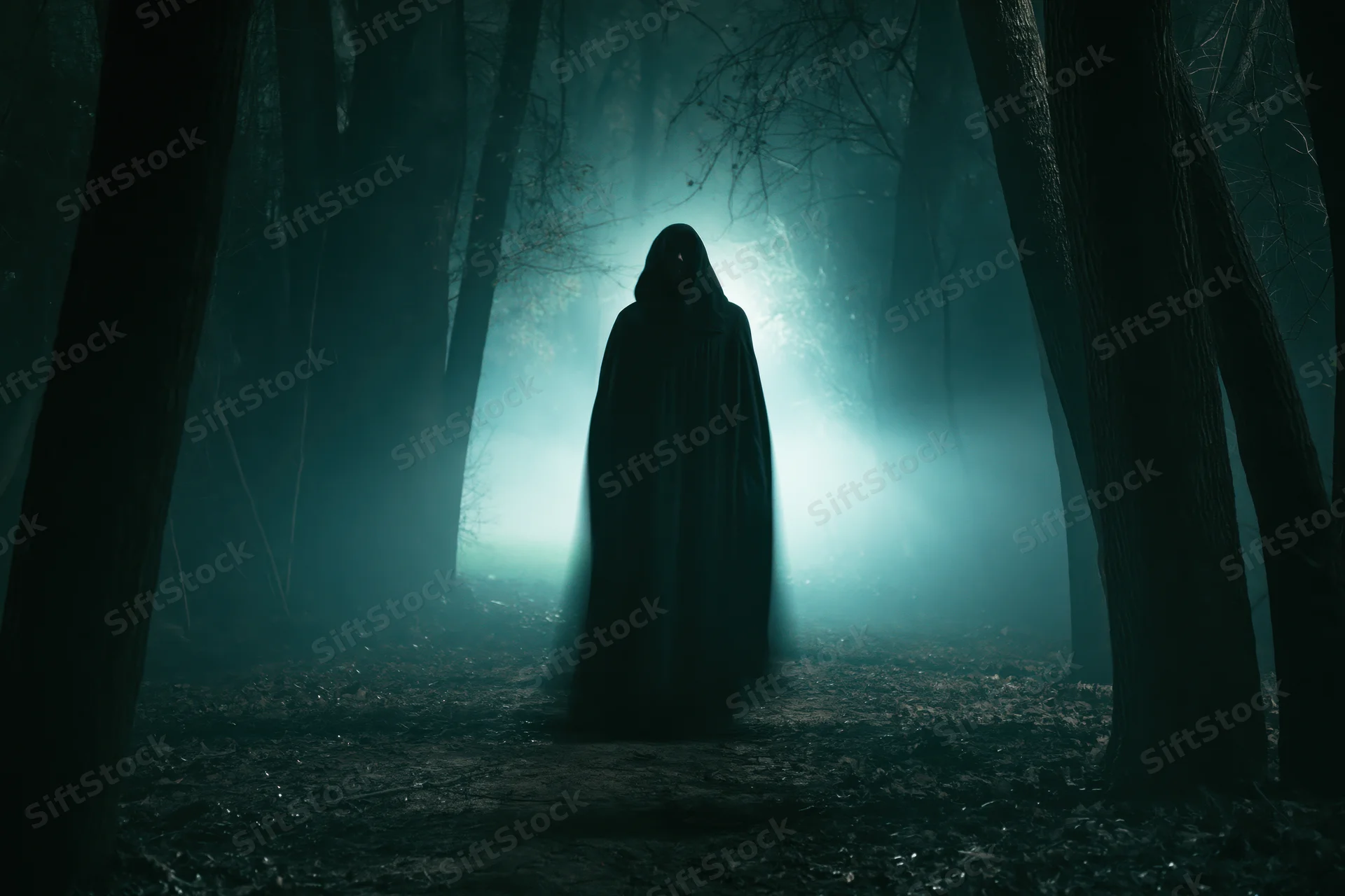 Hooded figure standing motionless on a dirt path in a foggy forest at night