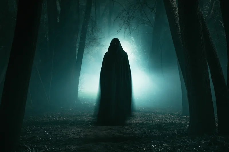 Hooded figure standing motionless on a dirt path in a foggy forest at night