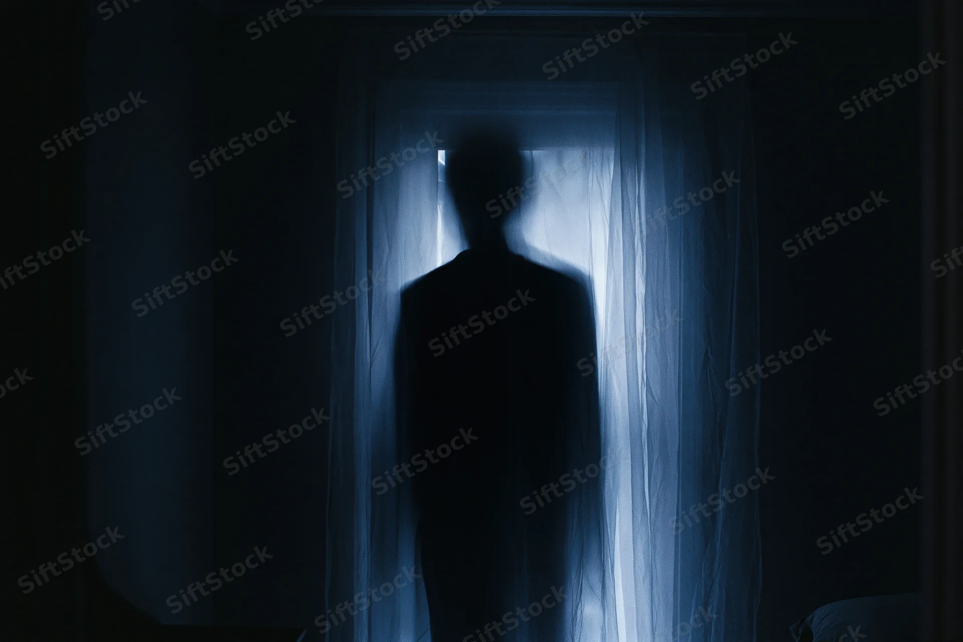 Dark silhouette of a person standing behind sheer curtains in a dimly lit room