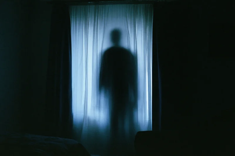 Dark human silhouette behind sheer curtains in a dimly lit bedroom at night