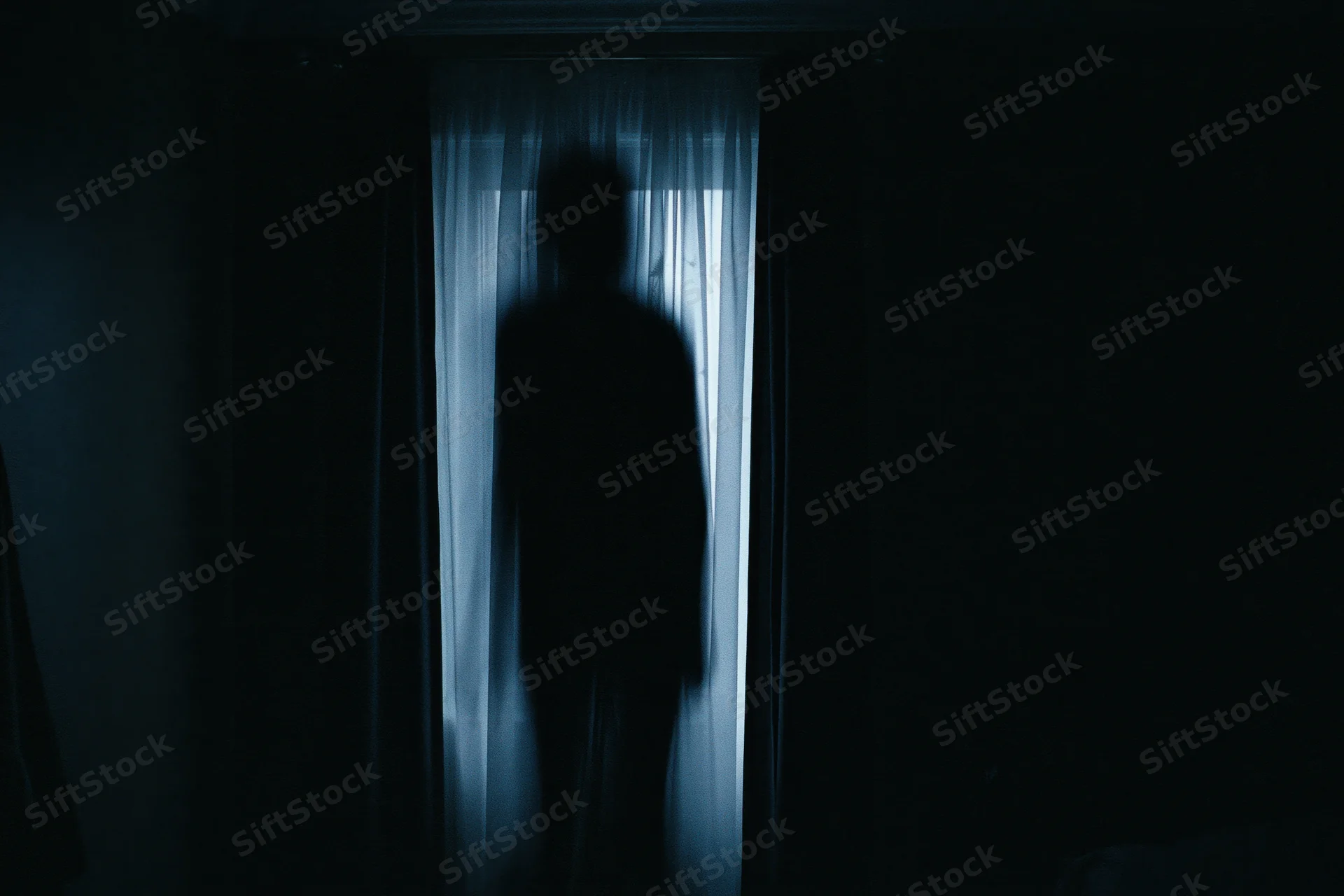Dark silhouette of a person standing behind sheer curtains in a dimly lit doorway