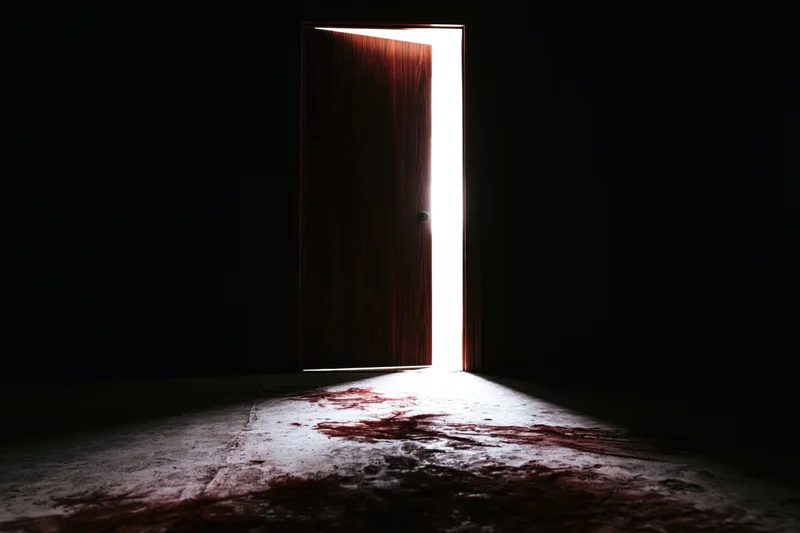 Ajar wooden door emitting bright light into dark room with bloodstained concrete floor