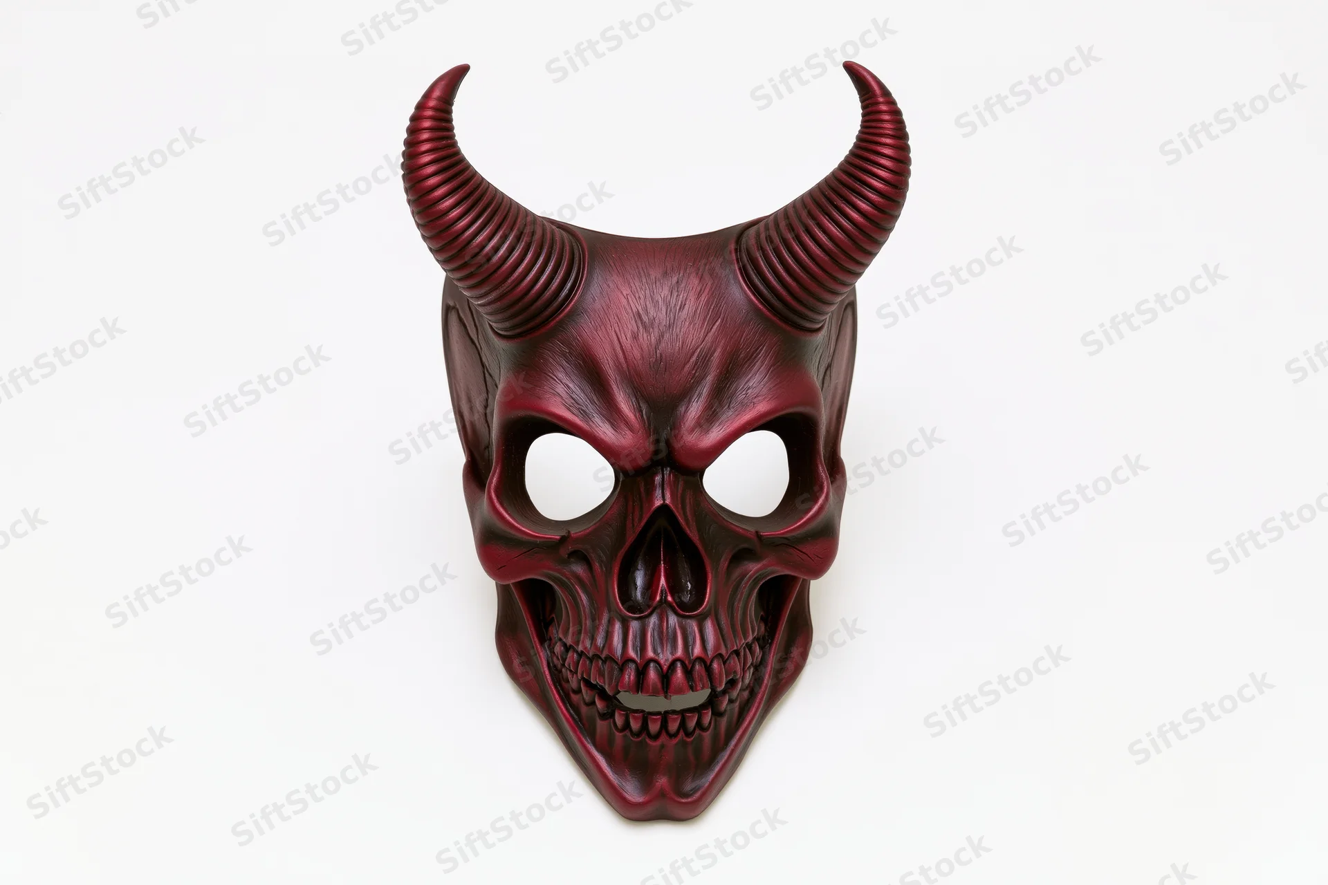 Crimson demon skull half-mask with ribbed horns on white background