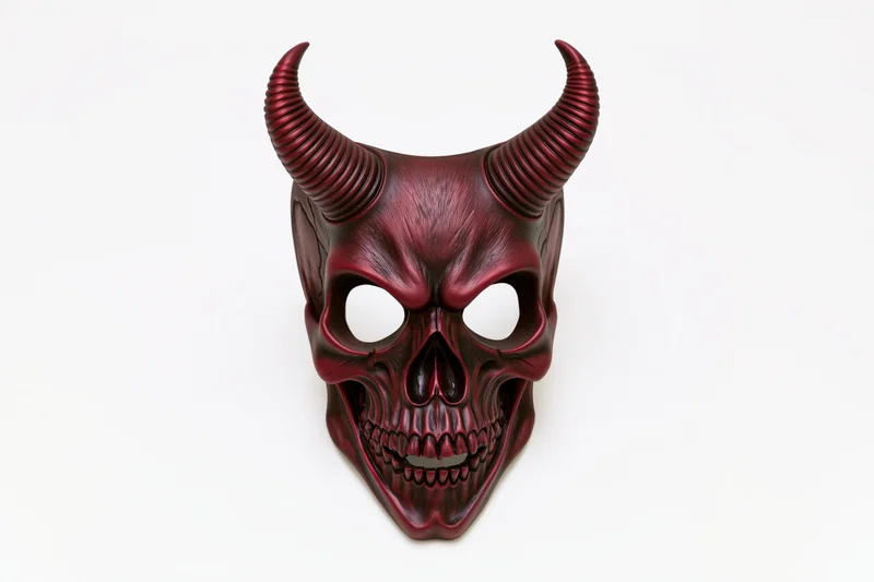 Crimson demon skull half-mask with ribbed horns on white background