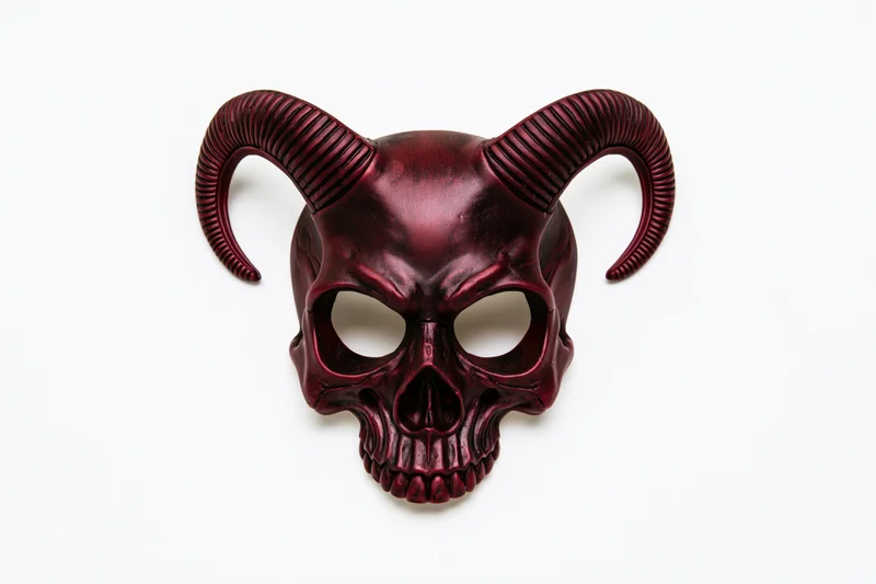 Crimson demon skull half-mask with ribbed horns on white background