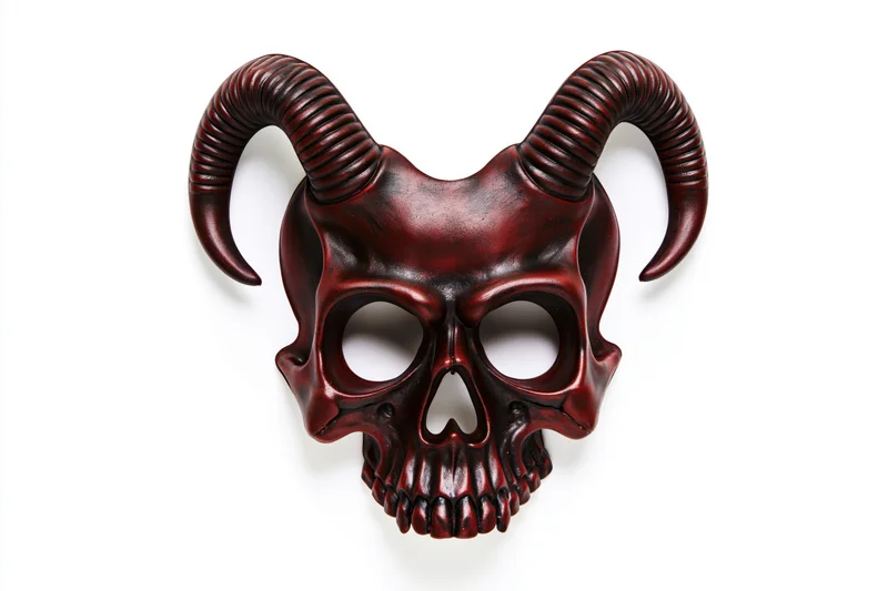 Crimson demon skull half-mask with ribbed horns on white background