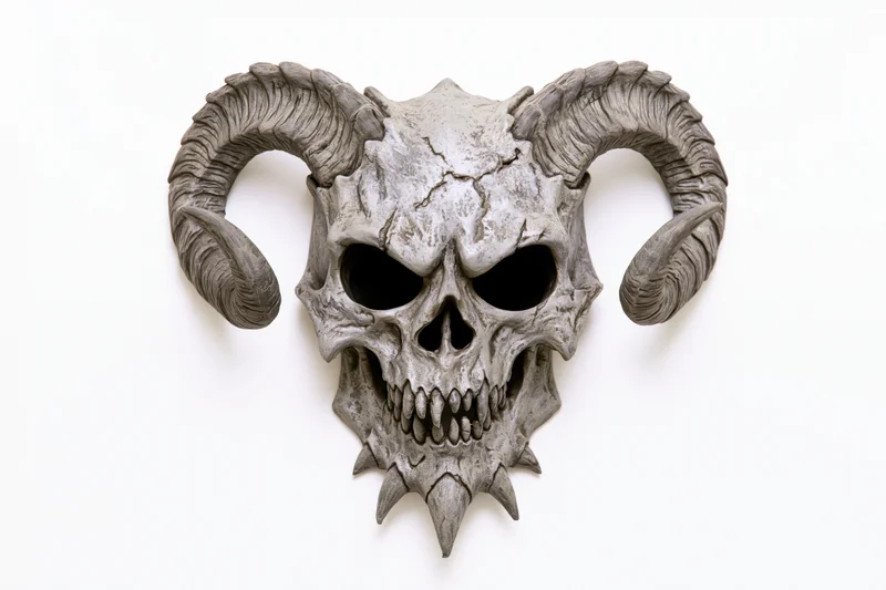 Demonic skull mask with curved ram horns and hollow dark eyes isolated on white