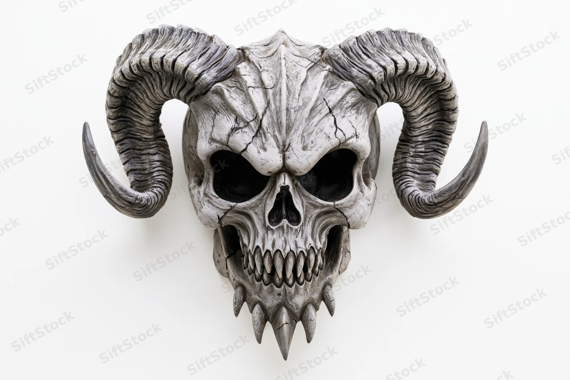 Demonic skull mask with large curved horns and pointed teeth on white background