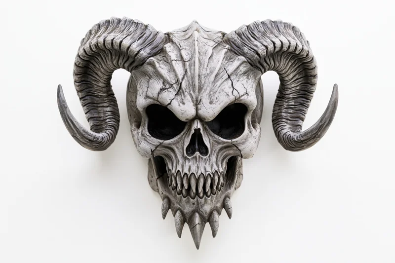 Demonic skull mask with large curved horns and pointed teeth on white background