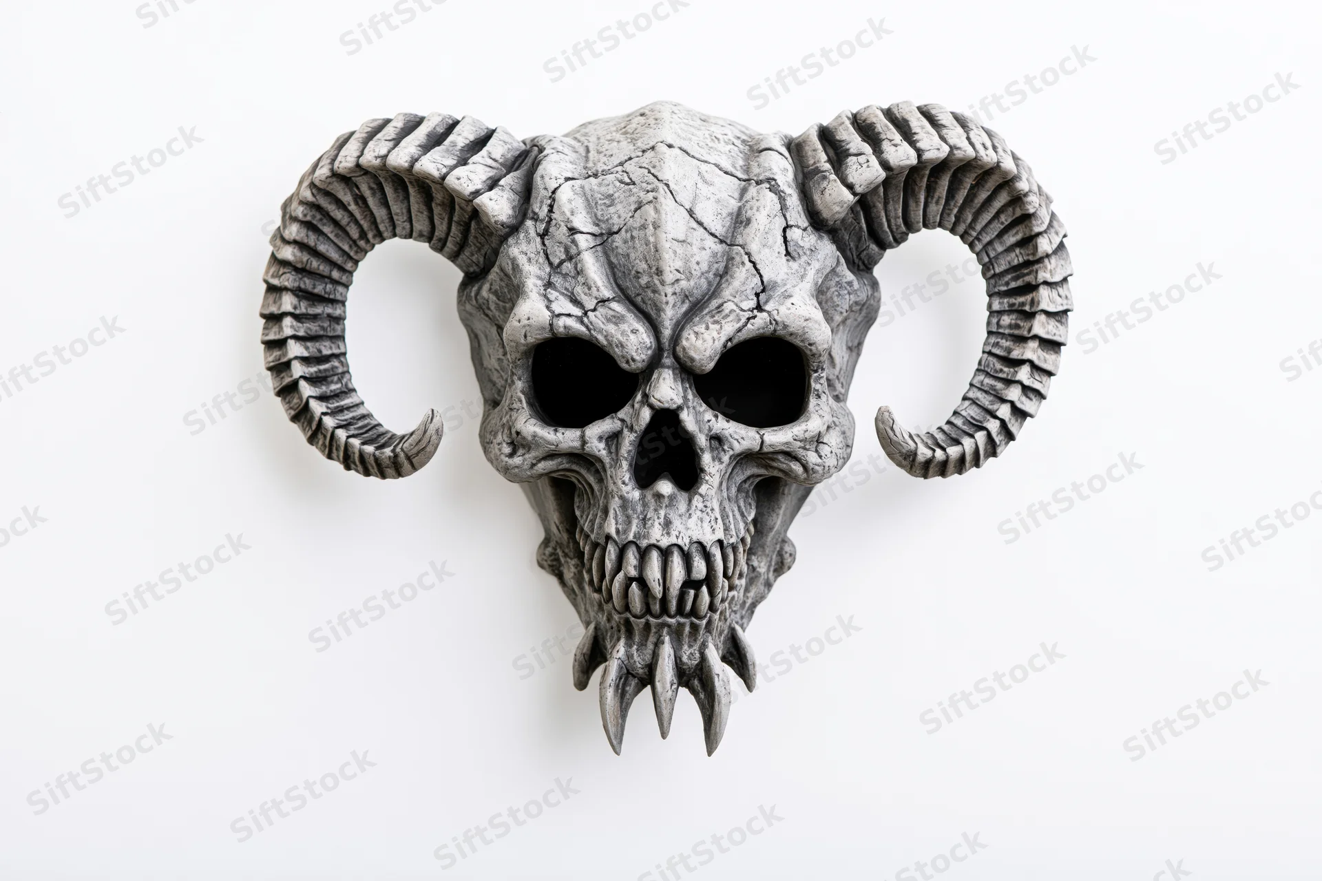 Demonic skull mask with curved ram horns and hollow eyes on white background