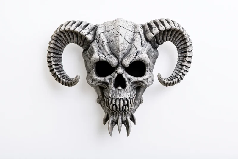 Demonic skull mask with curved ram horns and hollow eyes on white background