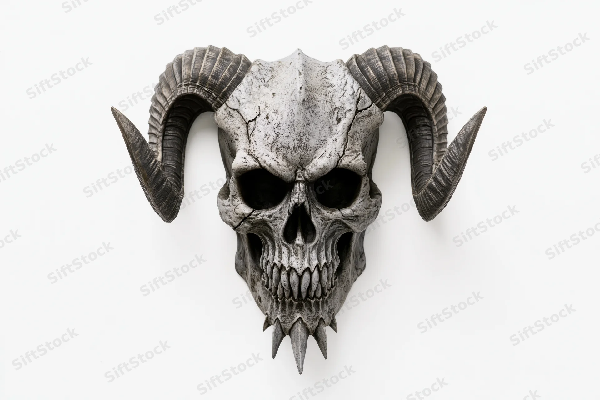 Demonic skull mask with curved horns and hollow eyes on white background