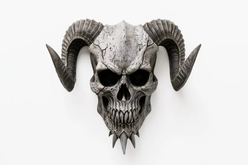 Demonic skull mask with curved horns and hollow eyes on white background