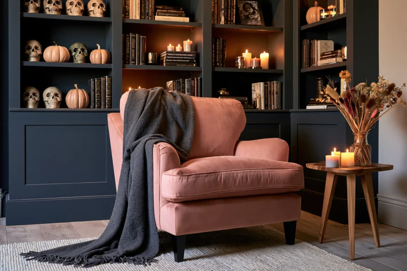 Dusty rose armchair with grey throw blanket beside bookshelf decorated with skulls, pumpkins and candles for halloween ambiance