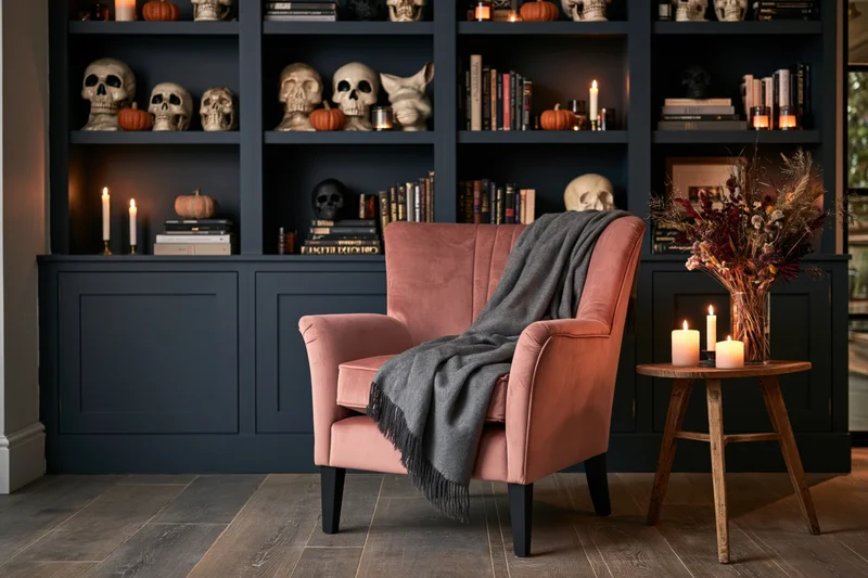Dusty rose armchair with grey throw blanket positioned in front of dark blue bookshelf decorated with skulls, pumpkins, candles, and books for Halloween ambiance