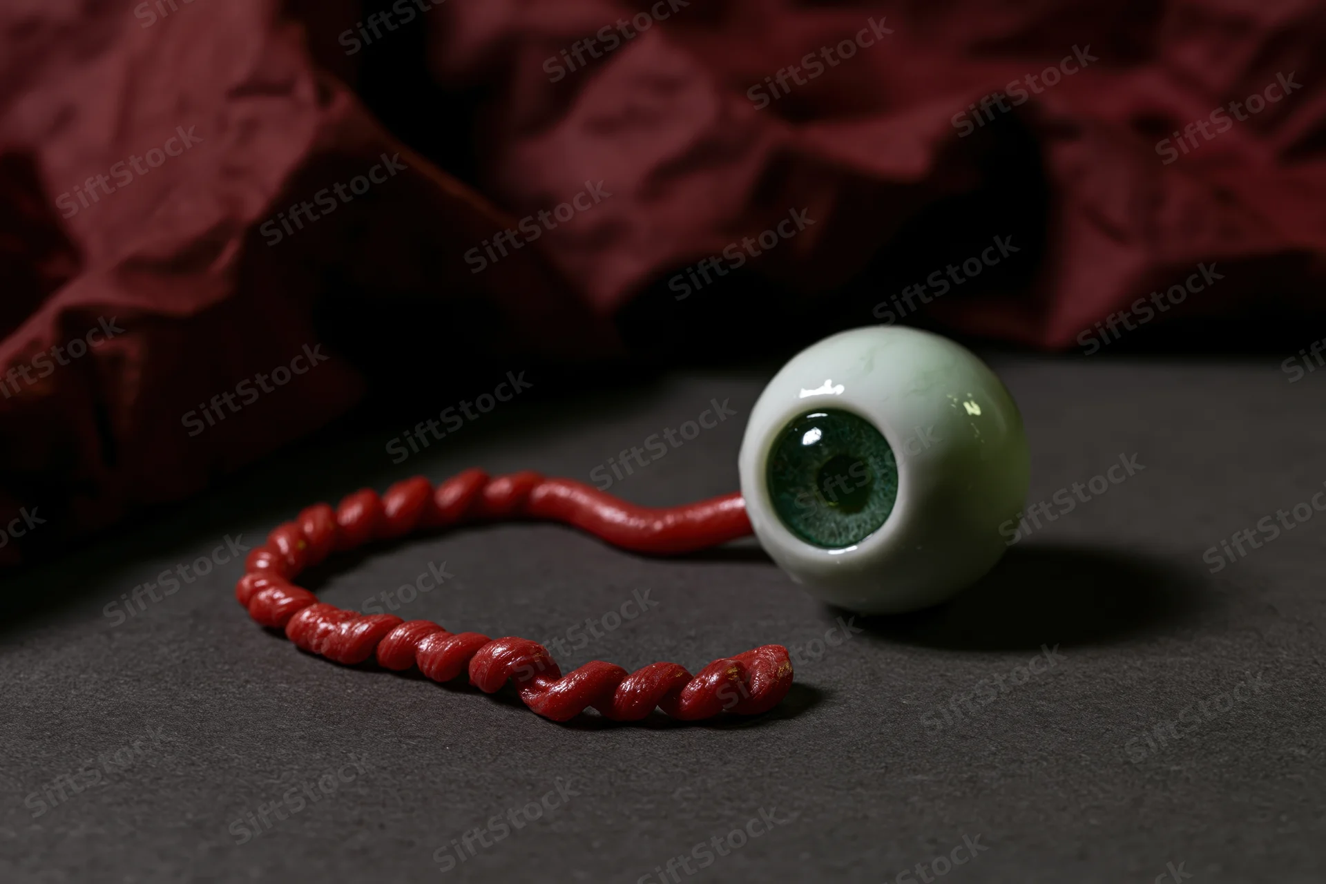Fake severed eyeball with green iris and red cord resting on dark surface near crumpled red fabric
