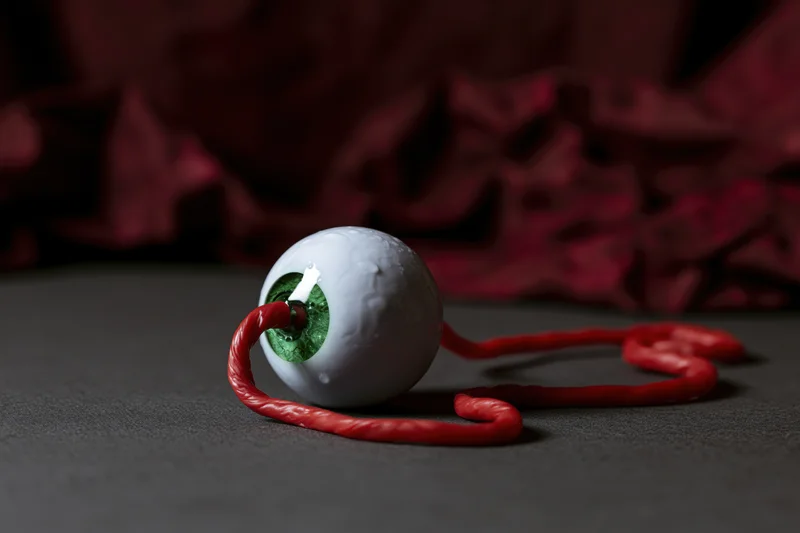 Fake severed eyeball with green iris and red cord resting on dark surface