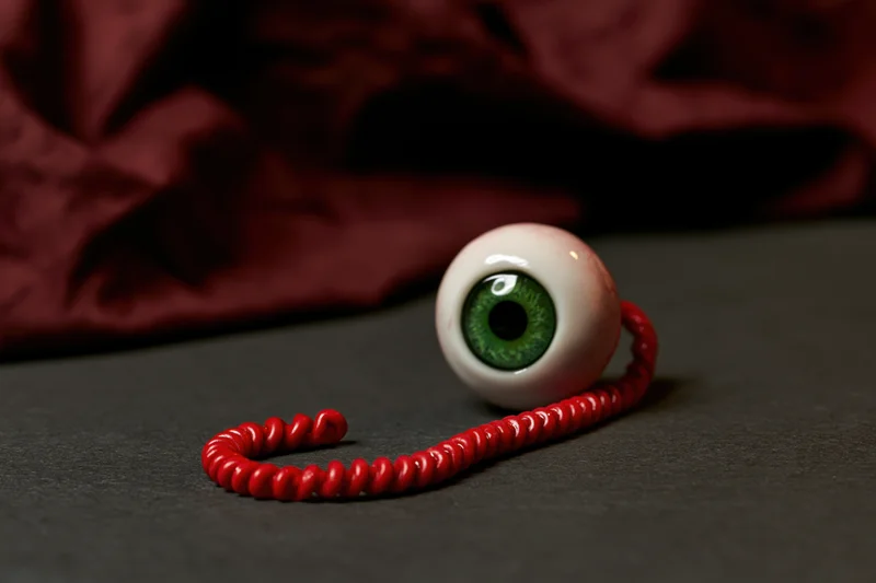 A fake severed human eyeball with green iris attached to a red coiled cord resting on a dark surface near maroon fabric