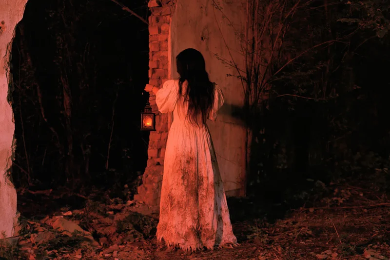 Woman in tattered victorian gown holding lantern at night in overgrown ruins