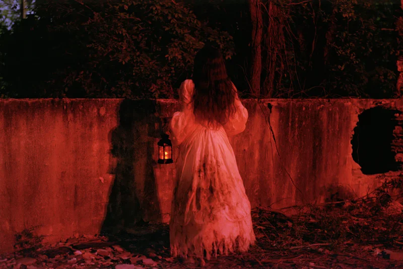 Woman in tattered victorian gown holding lantern facing away from camera near ruined wall in overgrown forest at night