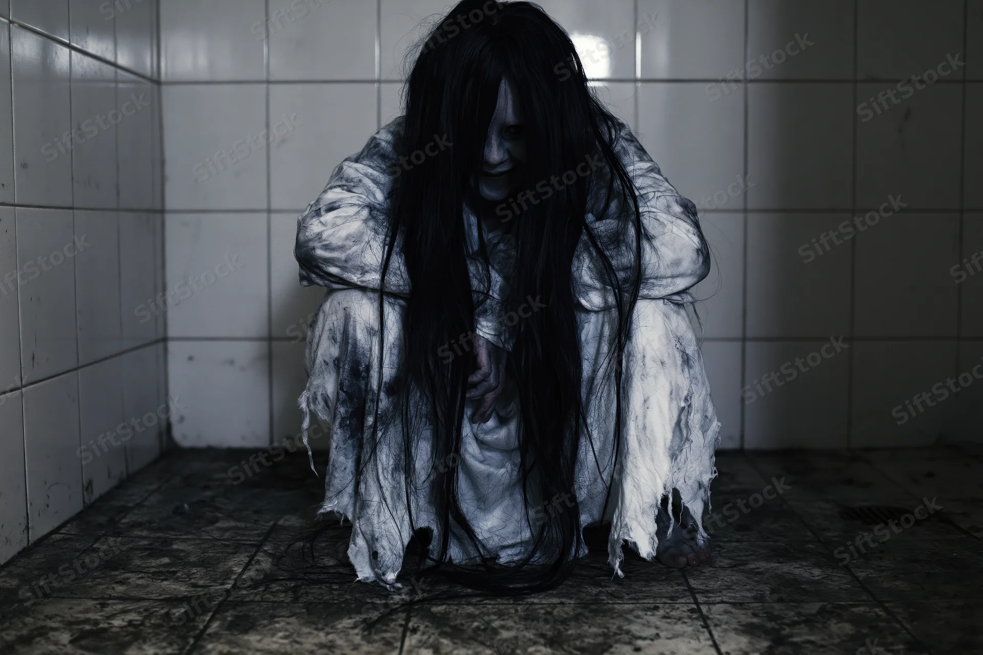 Woman in tattered white garment crouching in dark tiled bathroom corner
