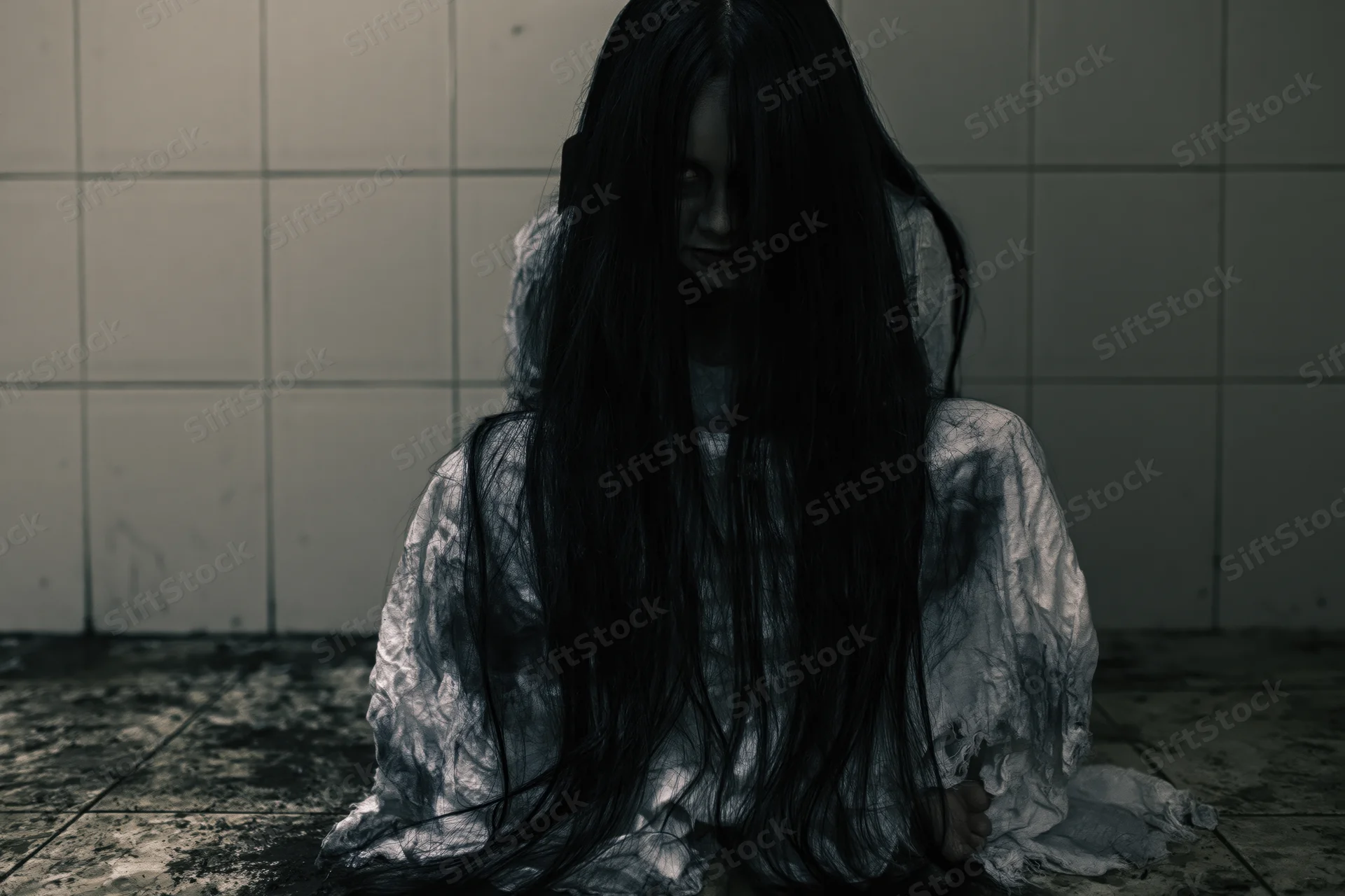 Woman with long black hair crouching on tiled floor in dim light wearing white gown