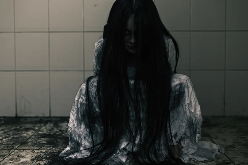 Woman with long black hair crouching on tiled floor in dim light wearing white gown