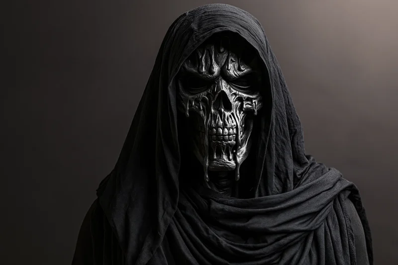 Hooded figure wearing sculpted skull mask with dripping details in dark studio setting