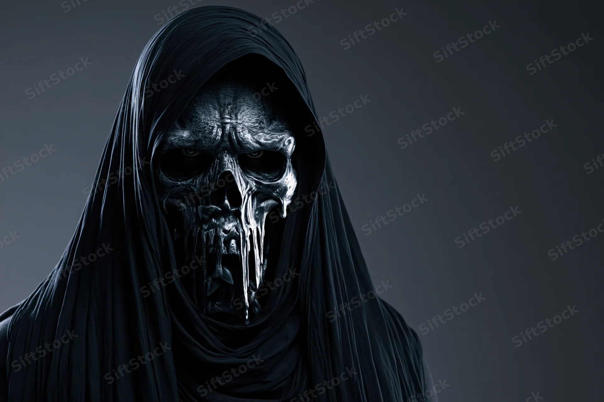 Hooded figure wearing a sculpted skull mask with dripping details against a dark background