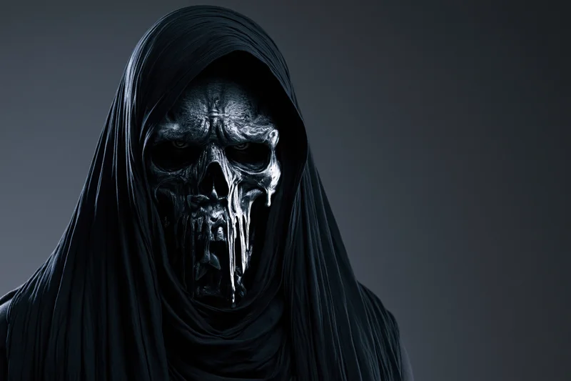 Hooded figure wearing a sculpted skull mask with dripping details against a dark background
