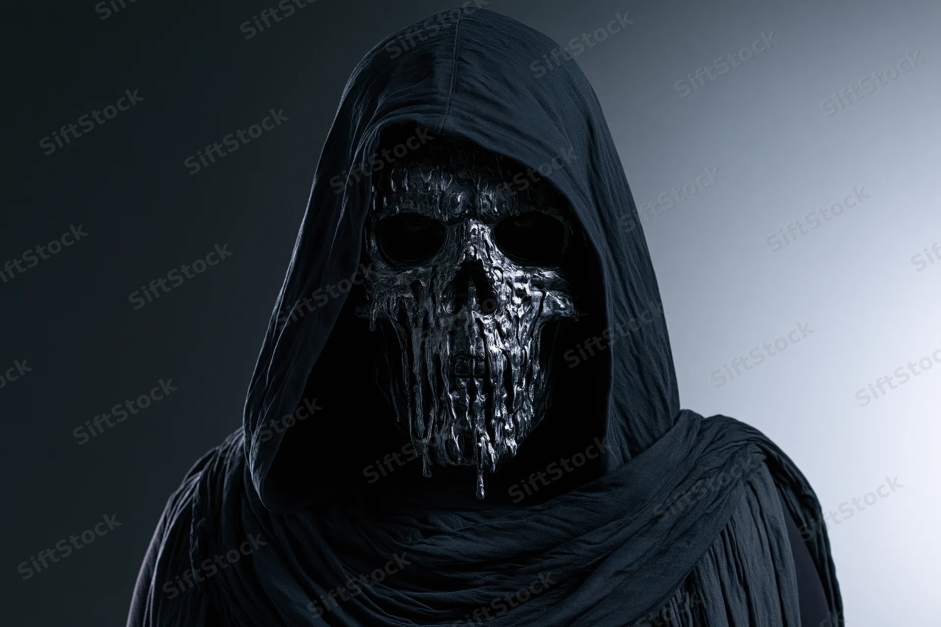 Hooded figure wearing a sculpted skull mask with dripping liquid texture against a dark gradient background