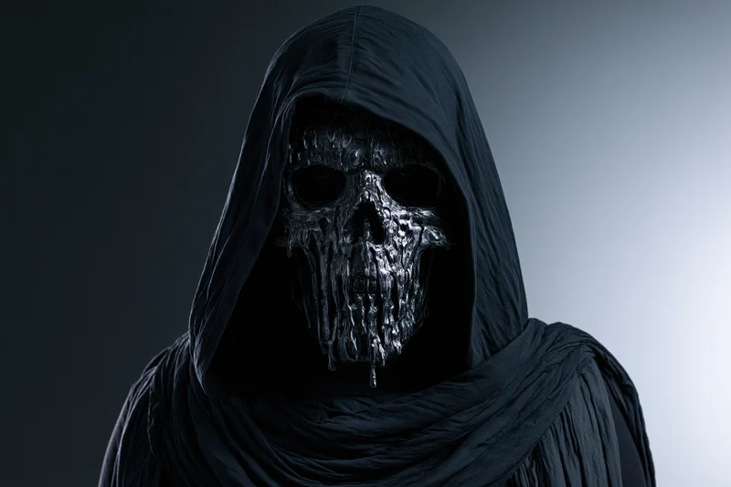 Hooded figure wearing a sculpted skull mask with dripping liquid texture against a dark gradient background