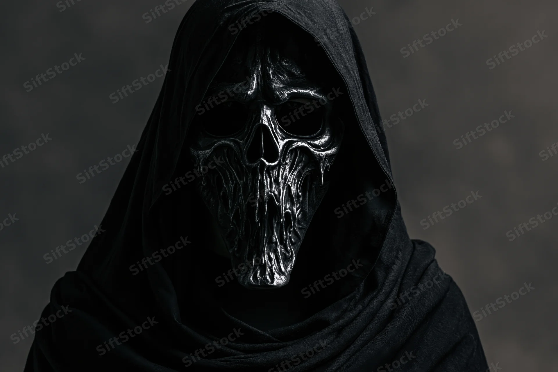 Hooded figure wearing a sculpted metallic skull mask in dark shadowy setting