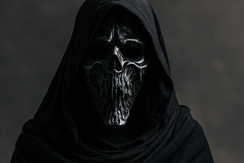 Hooded figure wearing a sculpted metallic skull mask in dark shadowy setting
