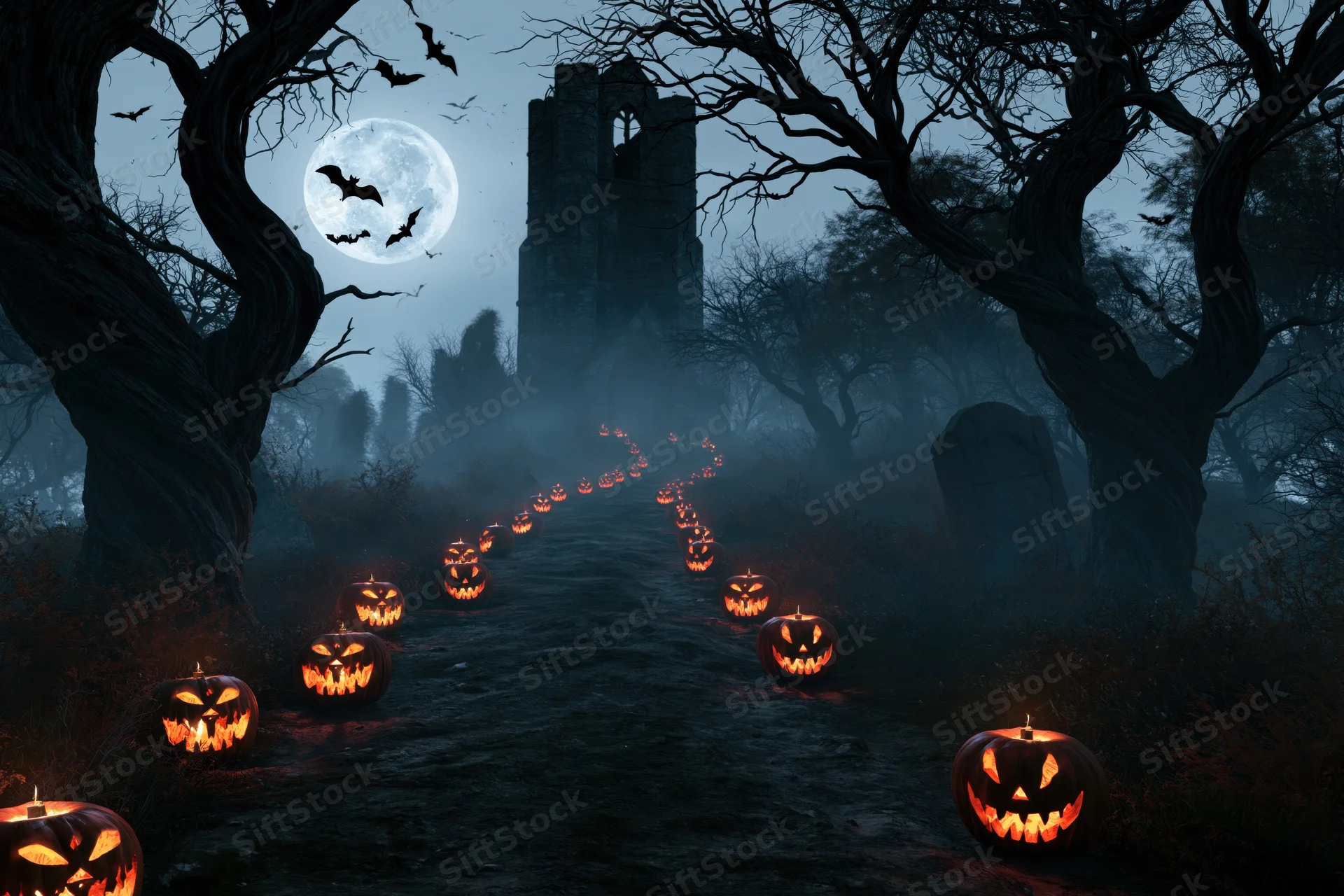 Glowing jack-o-lanterns lining a foggy dirt path through a graveyard at night under a full moon