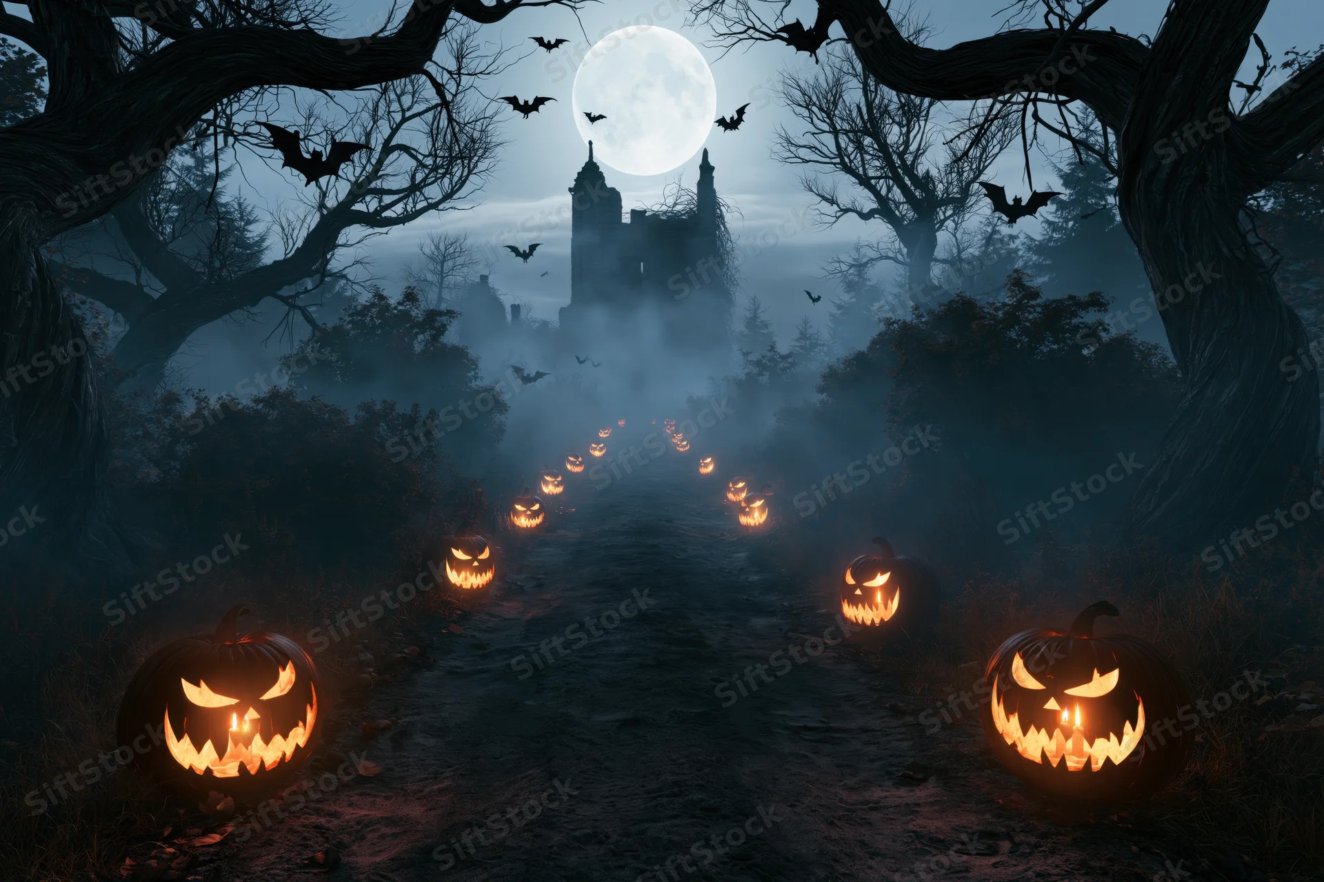Glowing jack-o-lanterns lining a foggy dirt path leading to a haunted castle under a full moon