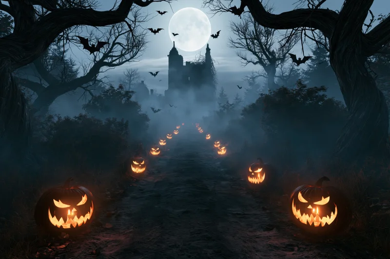 Glowing jack-o-lanterns lining a foggy dirt path leading to a haunted castle under a full moon