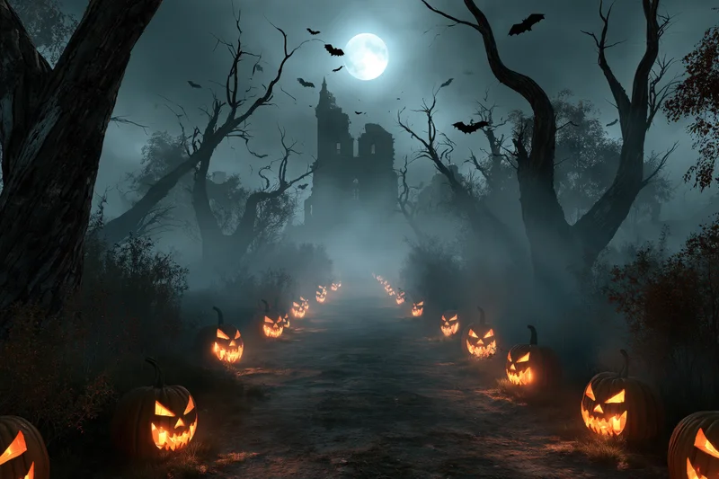 Glowing jack-o-lanterns lining a foggy dirt path leading to a ruined castle under a full moon
